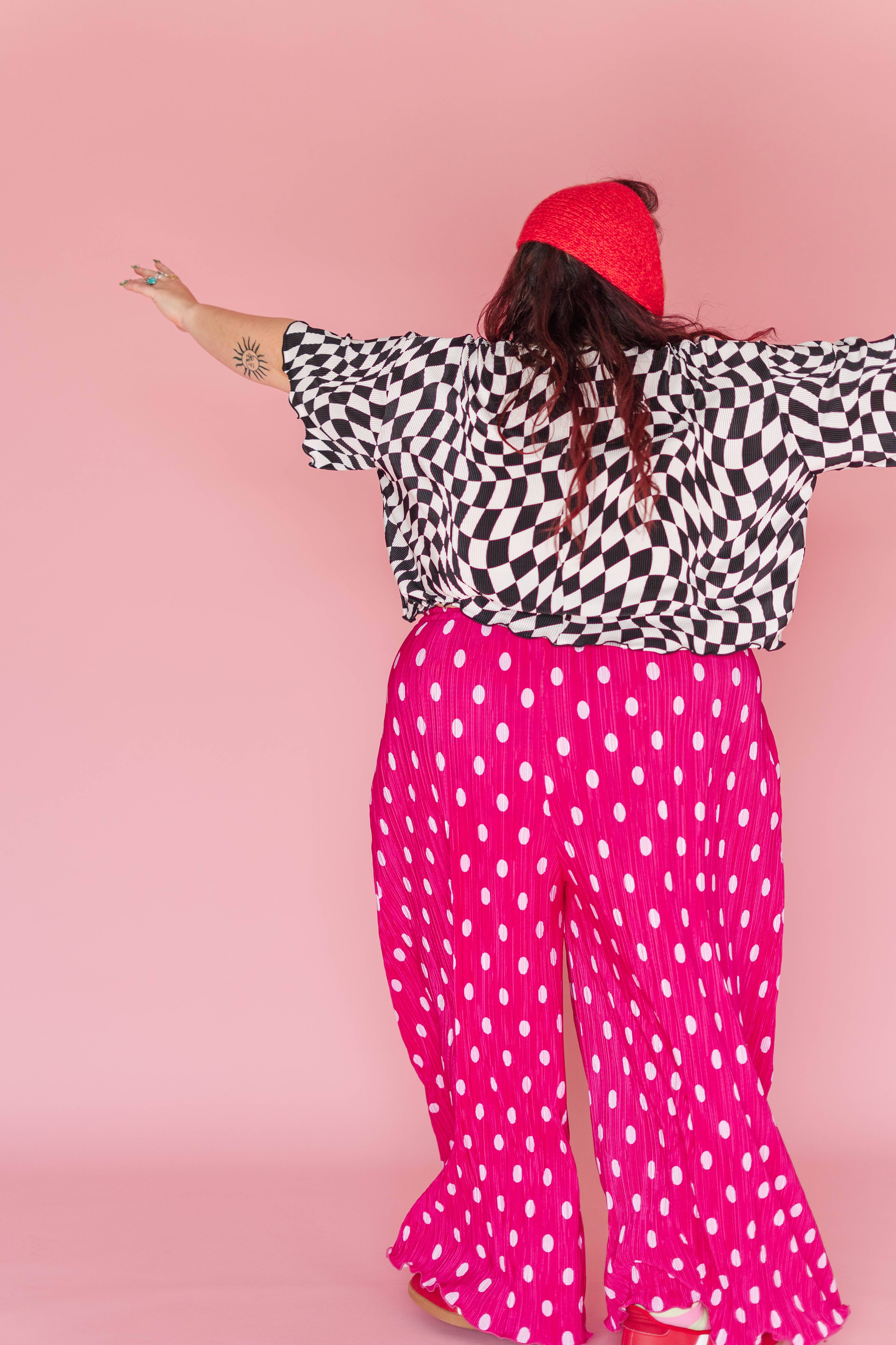 Nettle Studios - Wholesale Pants - Women's - Size Inclusive Hot Pink & White Polka Dot Pleated Flare Pant17