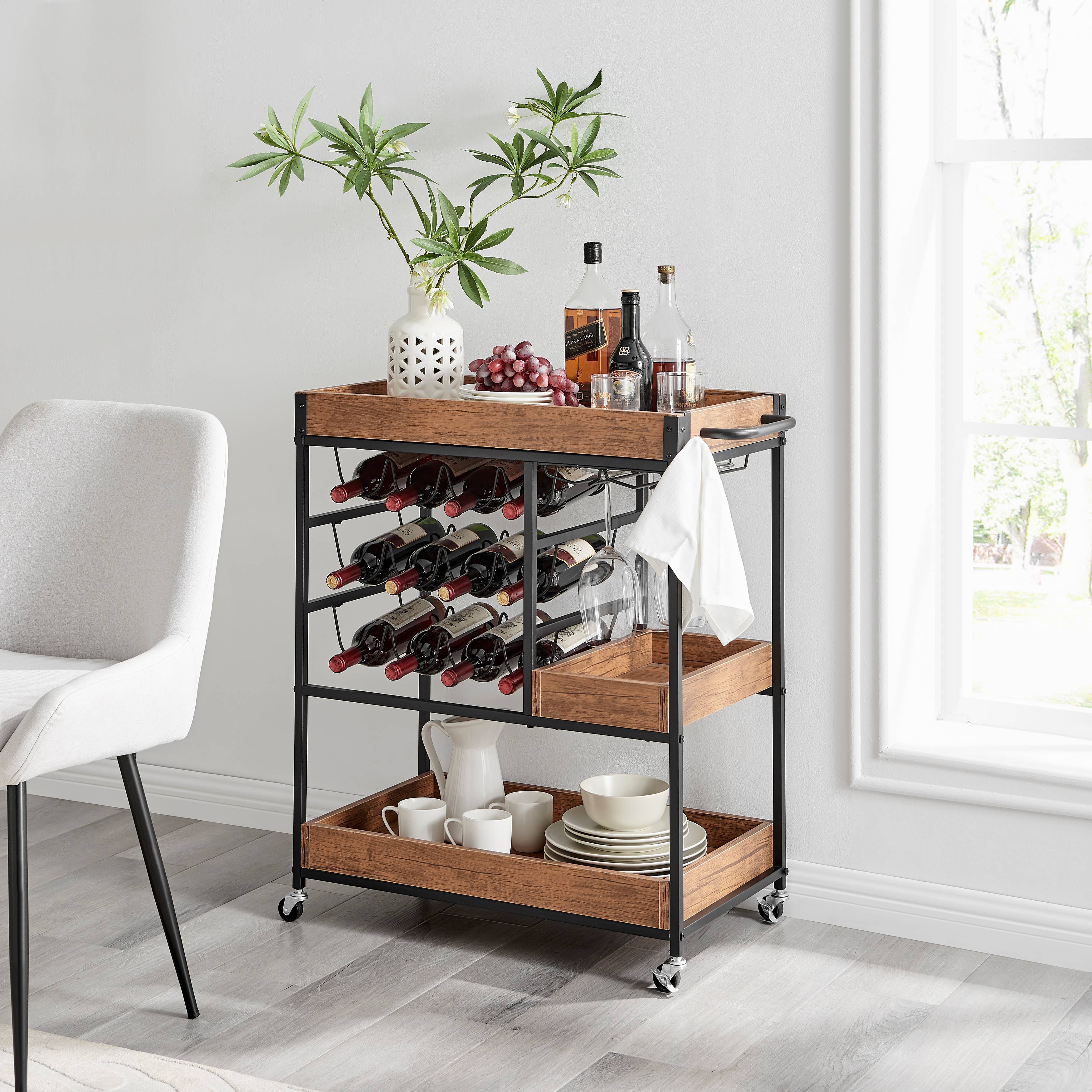 Danya B - Wholesale Bar Cart - Walnut Veneer Metal Rolling Wine Bar Cart with Storage Rack14
