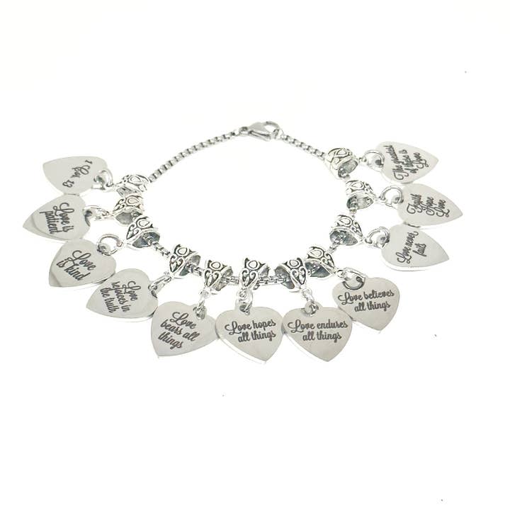 1 Corinthians 13 Charm Bracelet Stainless Steel Heart Charms Faith Jewelry Christian Gift Love Is Patient Kind Never Fails Inspirational for wholesale by JKCE Designs