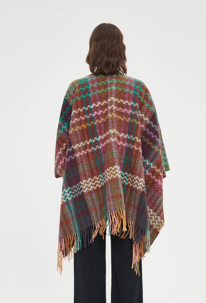 ePretty - Wholesale Poncho - Women's - Multi Color Chevron Printed Knit Wrap with Tassels Z1-PJP1211