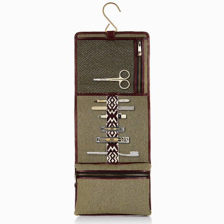 Herringbone Toiletry Wash Roll, Bordeaux Red for wholesale by Mantidy