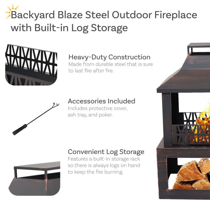 Sunnydaze Decor - Wholesale Fire Pit - 32 in Steel Outdoor Fireplace with Log Storage - Bronze2