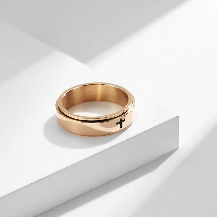 Perimade & Co. LLC - Wholesale Band/Stacked Ring - Cross Anxiety Fidget Spinner Band Ring in Stainless Steel2