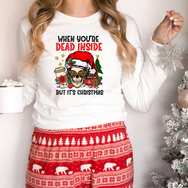 T-shirt natalizia a maniche lunghe Dead Inside But per la vendita all'ingrosso da parte di Londas Trendy Tees