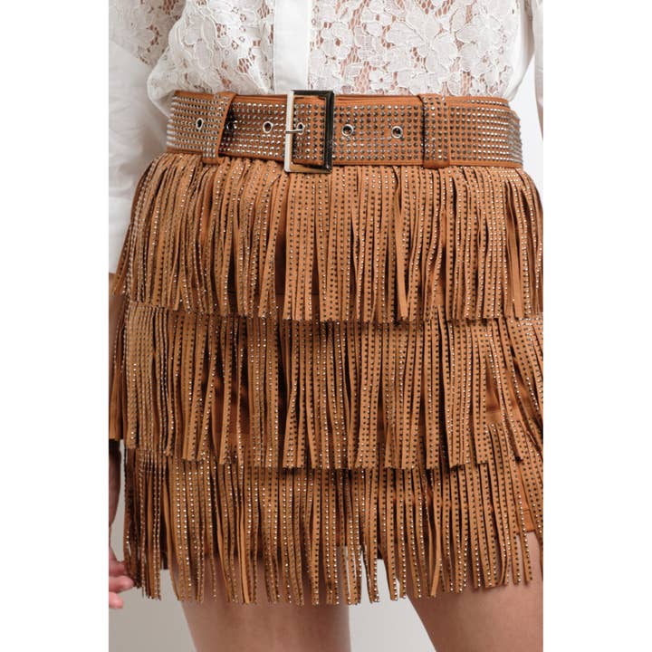KIWI - Venta al por mayor Falda pantalón - Mujer - Falda vaquera con flecos de gamuza sintética adornada IP2485