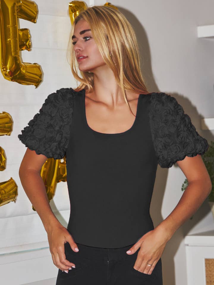 Oddi - Wholesale Bodysuit - Women's - Rose Petal Bubble Sleeve Ribbed Knit Bodysuit