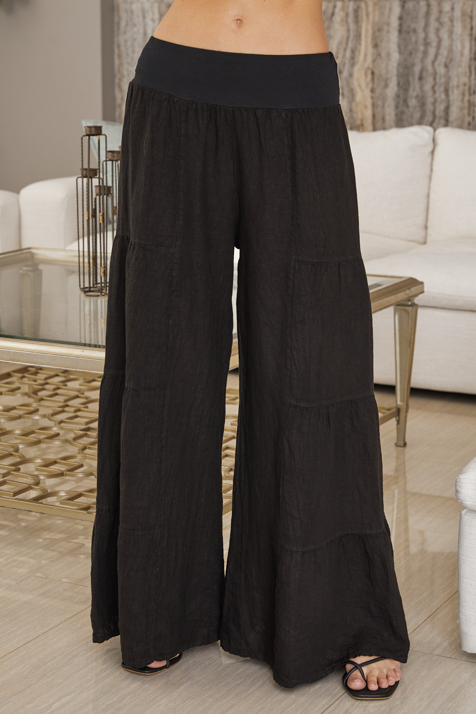 Black LINEN TIERED PALAZZO PANT (2-36/255005-BLACK) for wholesale on Faire0