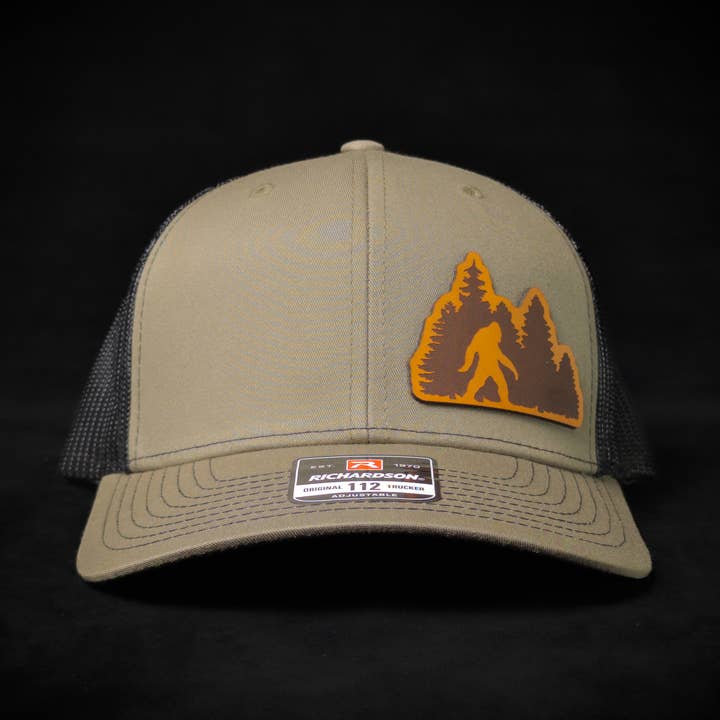 Woods/Forest Sasquatch, Yeti, Bigfoot Leather Patch Hat for wholesale by Snag Customs