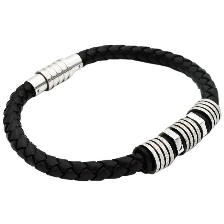 Men's Black Leather Sandblasted Stainless Steel Bracelet for wholesale by Blackjack Mens Jewelry