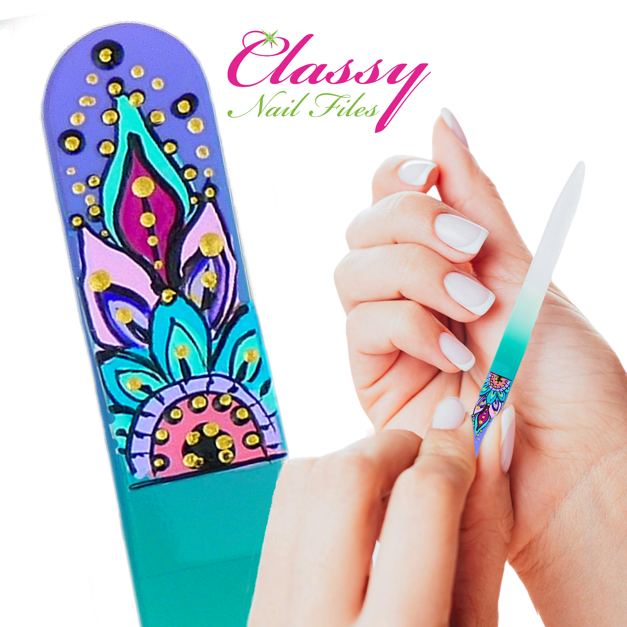 Classy Nail Files - Vendita all'ingrosso Lime per unghie - Lima per unghie in cristallo colorato dipinta a mano con fiore di guarigione Mandala5
