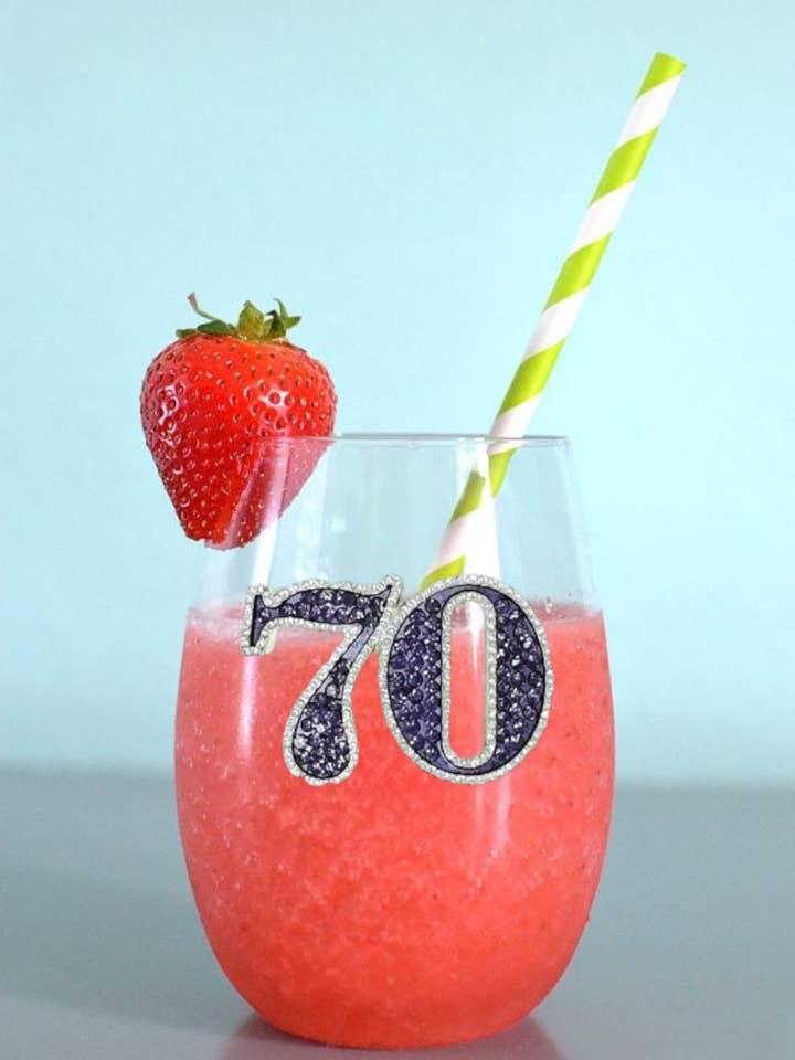 70th Birthday Stemless Wine Glass for wholesale by The Queens' Jewels®