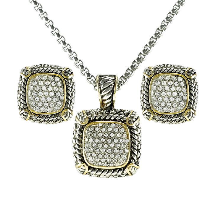 Two Tone Cushion Pendant Necklace & Earring Set for wholesale by Laudic Co