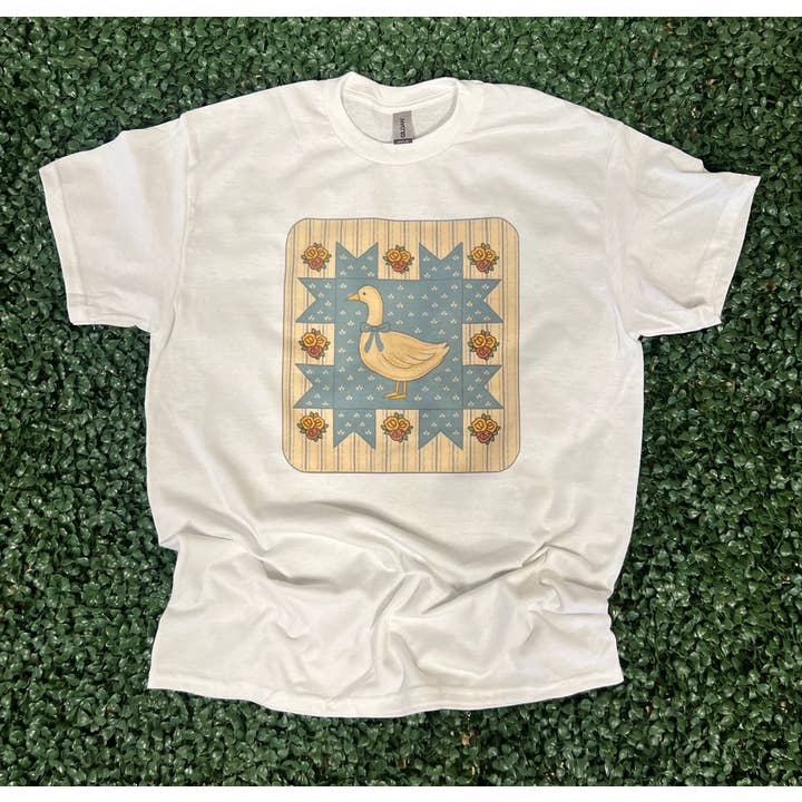 Vintage Blue Goose Quilt Block on White Tee for wholesale by RMN Wholesale
