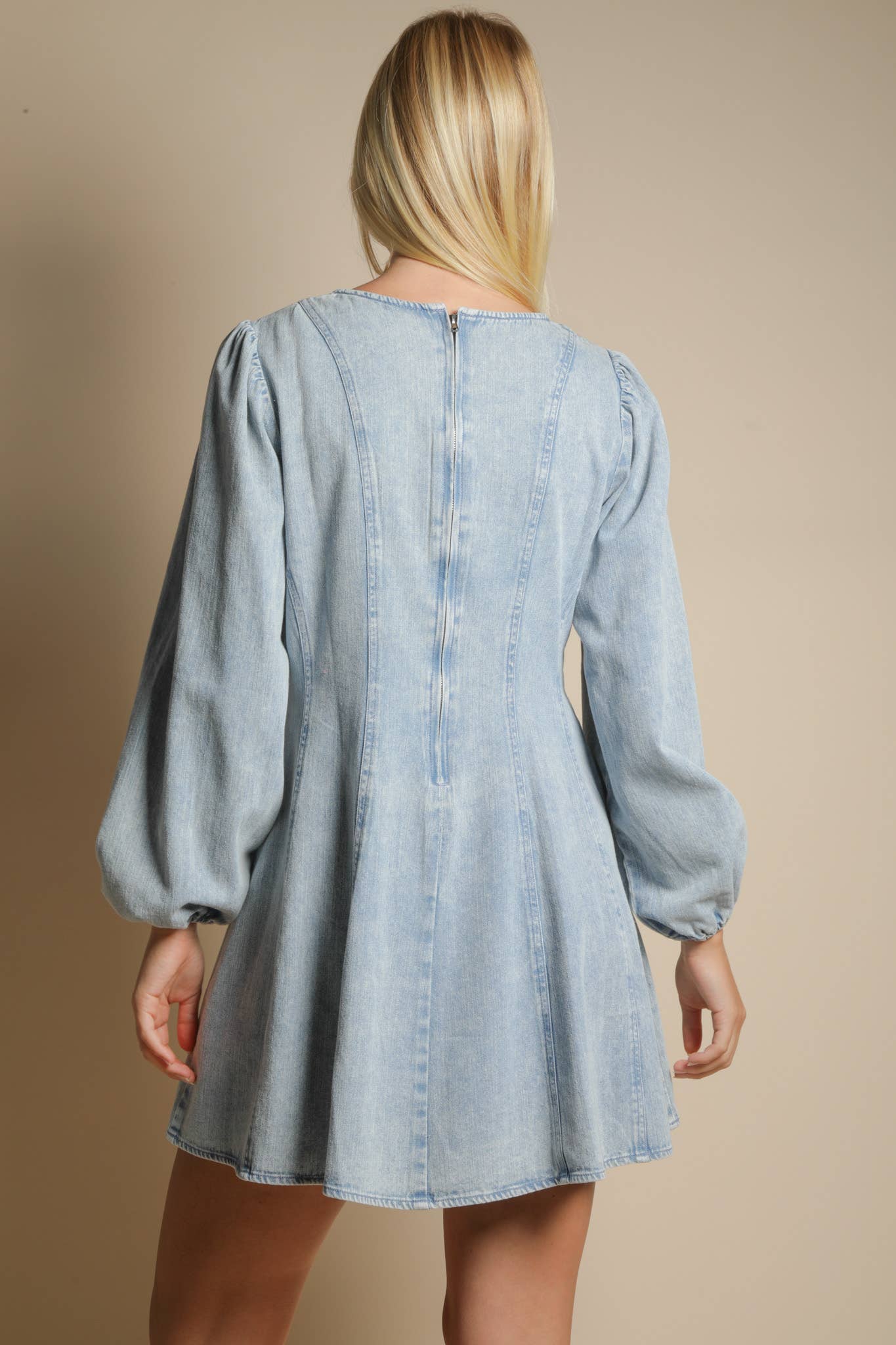 VERY J - Wholesale Dress - Women's - ND31817-Mineral Washed Denim Seam Detail Mini Dress8