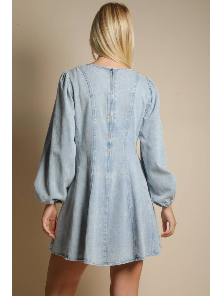 VERY J - Wholesale Dress - Women's - ND31817-Mineral Washed Denim Seam Detail Mini Dress8