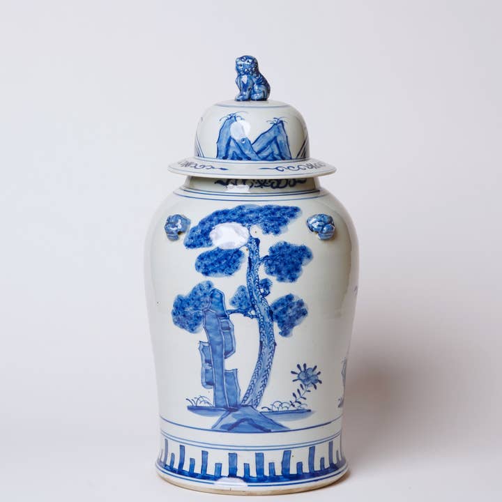 Blue and White Three Friends Porcelain Temple Jar for wholesale by Cobalt Guild