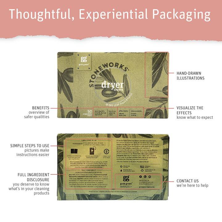 Grab Green - Wholesale Dryer Balls - Stoneworks Compostable Dryer Sheets, Olive Leaf, 80 sheets3