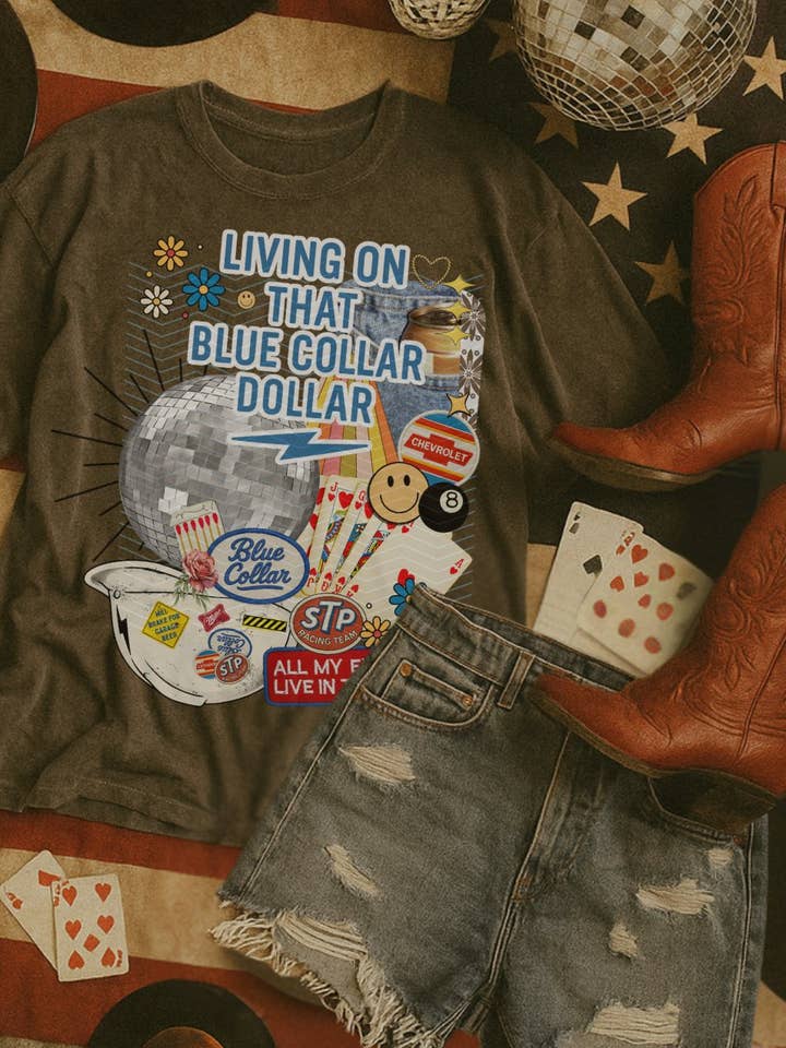 ZZ Threadz - Wholesale Screen Printed T-Shirt - Women's - Living on that Blue Collar Dollar Comfort Colors Graphic Tee0