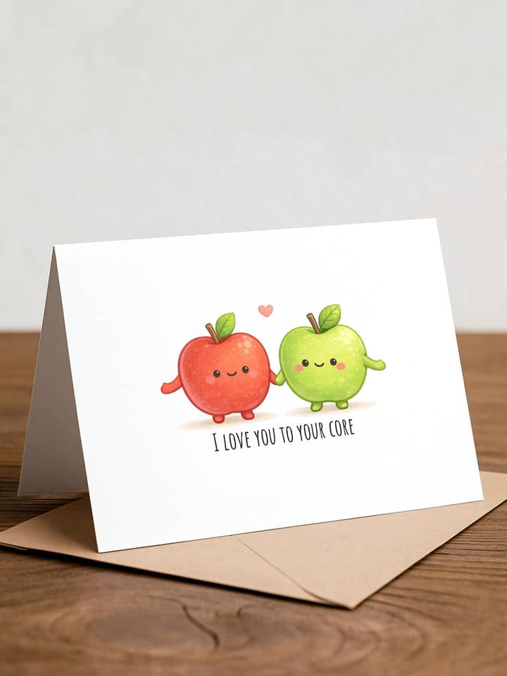 Carte de Saint-Valentin avec jeu de mots sur les pommes faite à la main pour la vente par Chewy Lemon Studio