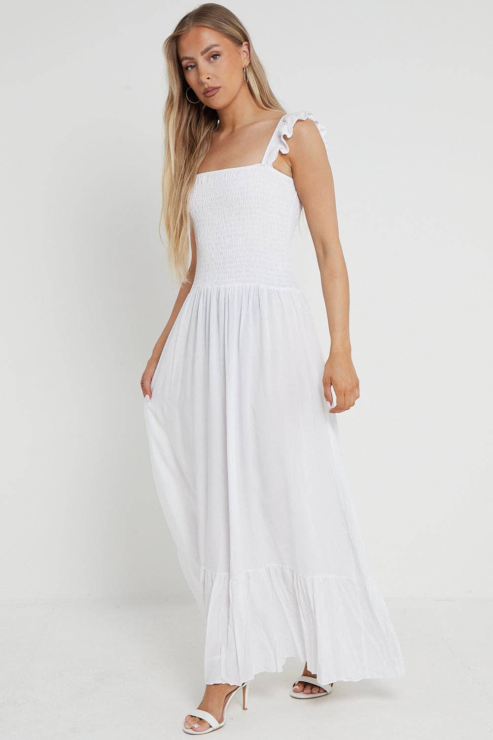 Aftershock London – wholesale Dress – Women's – White Shirred Maxi Dress With Frill0