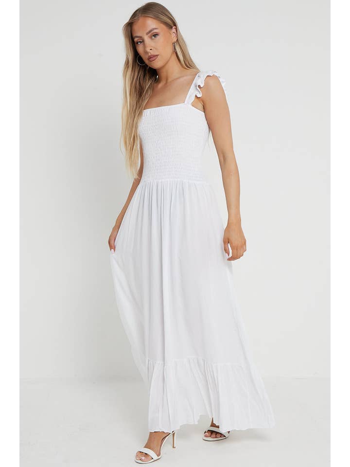 Aftershock London – wholesale Dress – Women's – White Shirred Maxi Dress With Frill