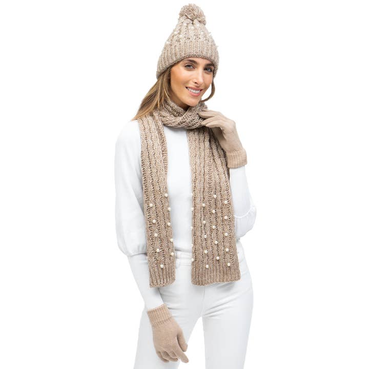 TAUPE Just Jamie 3-Piece Marled Knit Hat, Scarf, and Gloves Set with Pearls for wholesale on Faire3