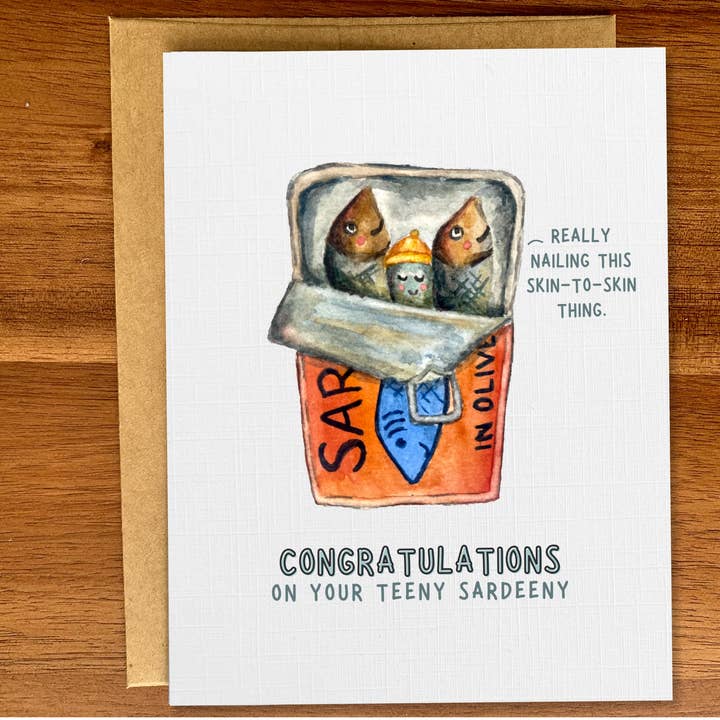 Biglietto per neonato con sardine, Divertente biglietto per baby shower con pesce in scatola, A2 per la vendita all'ingrosso da parte di Pink Hill Press