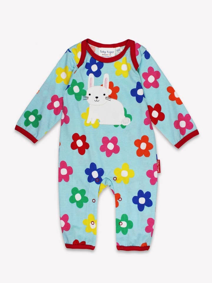 Organic Rainbow Bloom Bunny Applique Babygrow for wholesale by Toby Tiger
