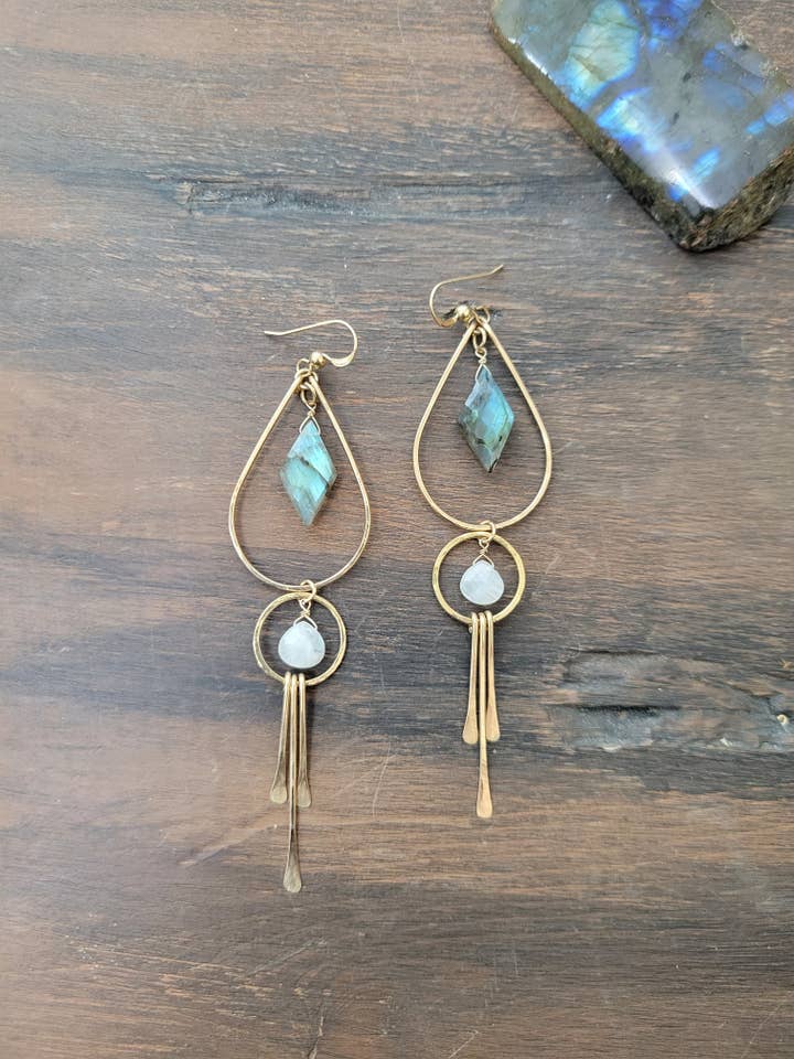 Labradorite and Moonstone Fringe Earrings for wholesale by Leo Eleven Jewelry