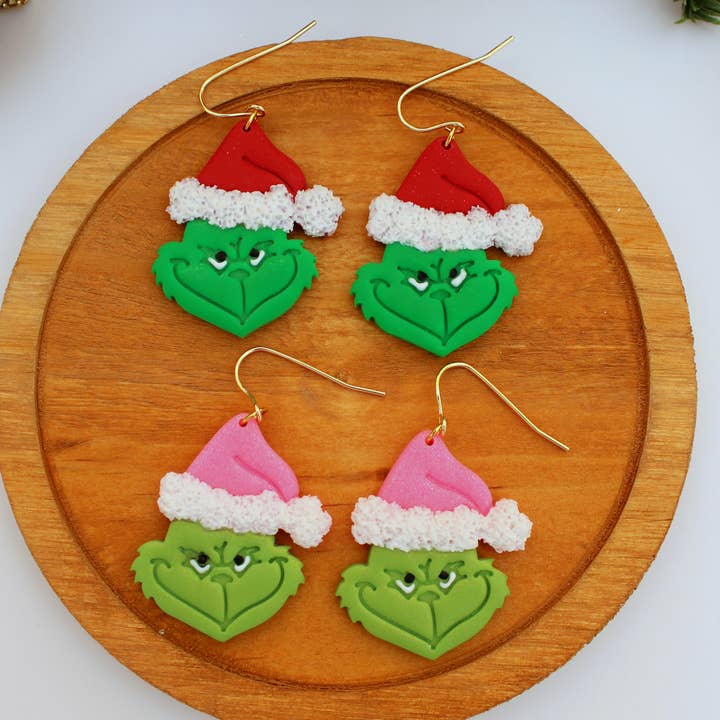 Handmade Polymer Clay Grinch Santa Earrings -2 Color Options for wholesale by Sweets & Pearls