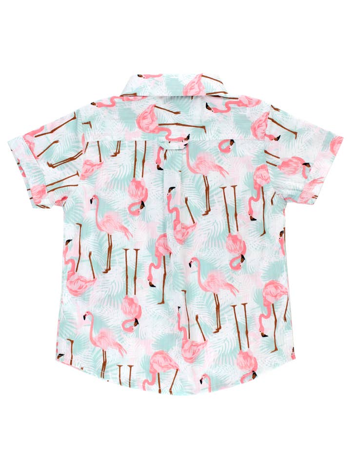 Multi Color Boys Vibrant Flamingo Short Sleeve Button Down Shirt for wholesale on Faire