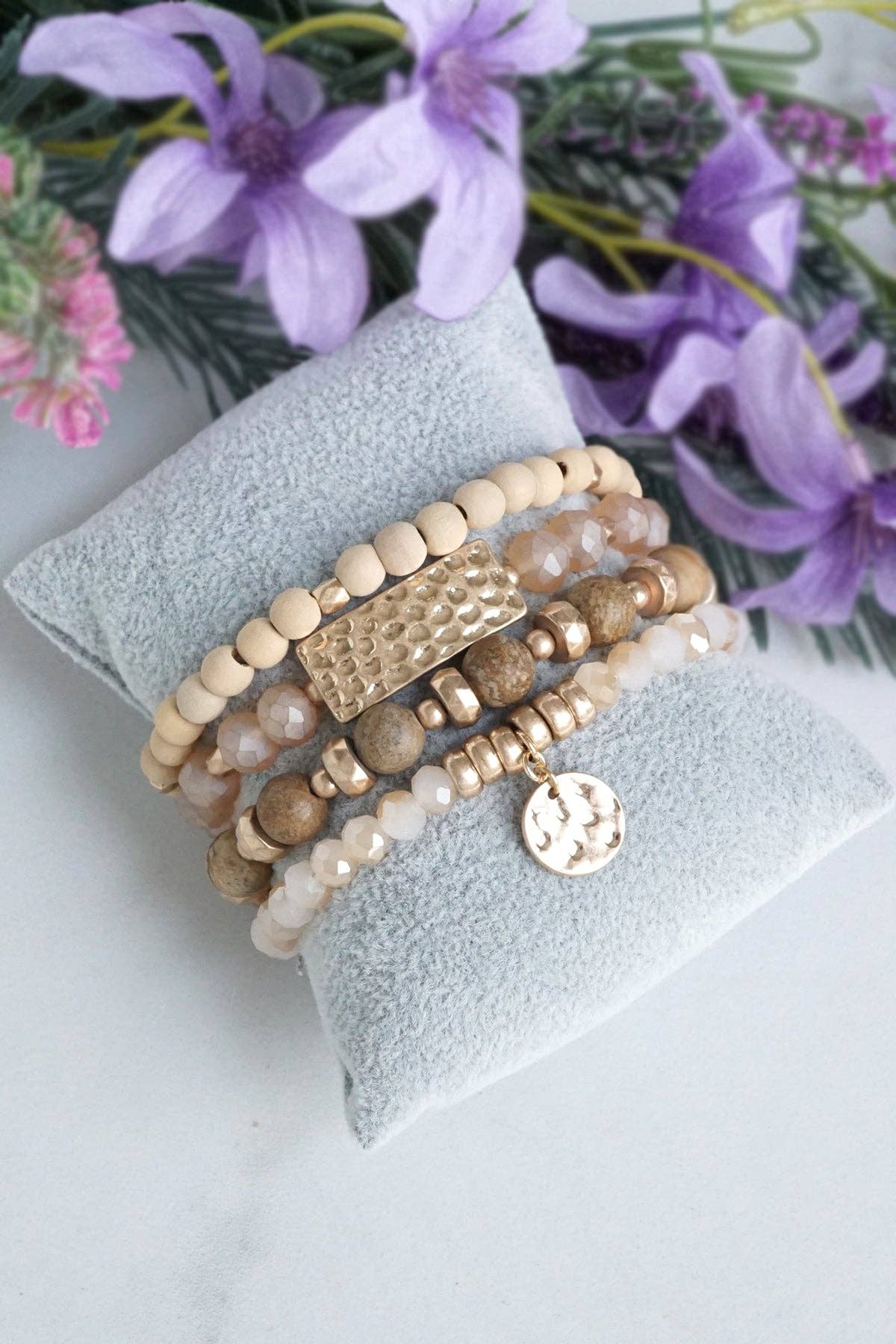 PennyLine inc - Wholesale Beaded Bracelet - Beaded Bracelets stack of 4 piece with Natural Wood and Semi Precious bead stones glass golden coin2