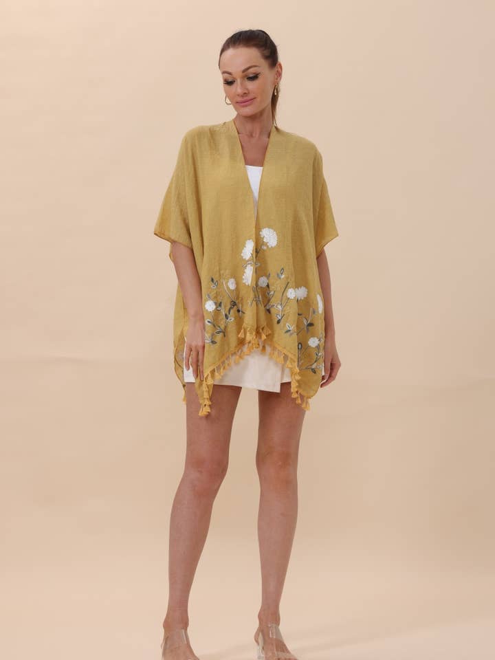 Leto Accessories - Wholesale Kimono - Women's - Floral Embroidered Tassel Hem Kimono Cardigan