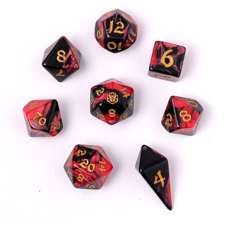 Hymgho Premium Dice - Wholesale Dice - Wyrmforged Rollers - Rounded Edge 8 Piece Polyhedral Dice set - Blood Pact