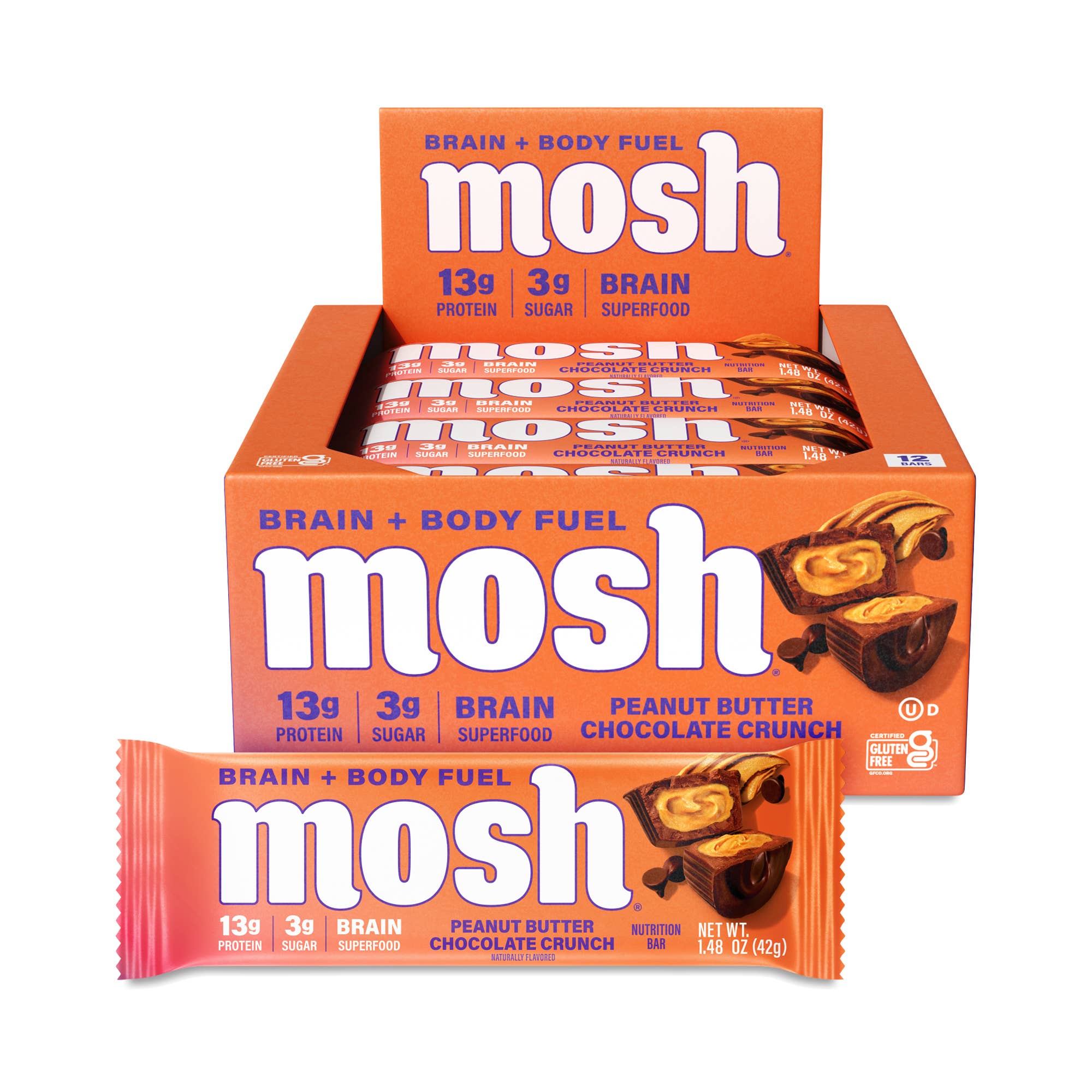 L&F Universal Goods – wholesale Snacksbar – Mosh Proteinbar PB Choklad Crunch 12/42g
