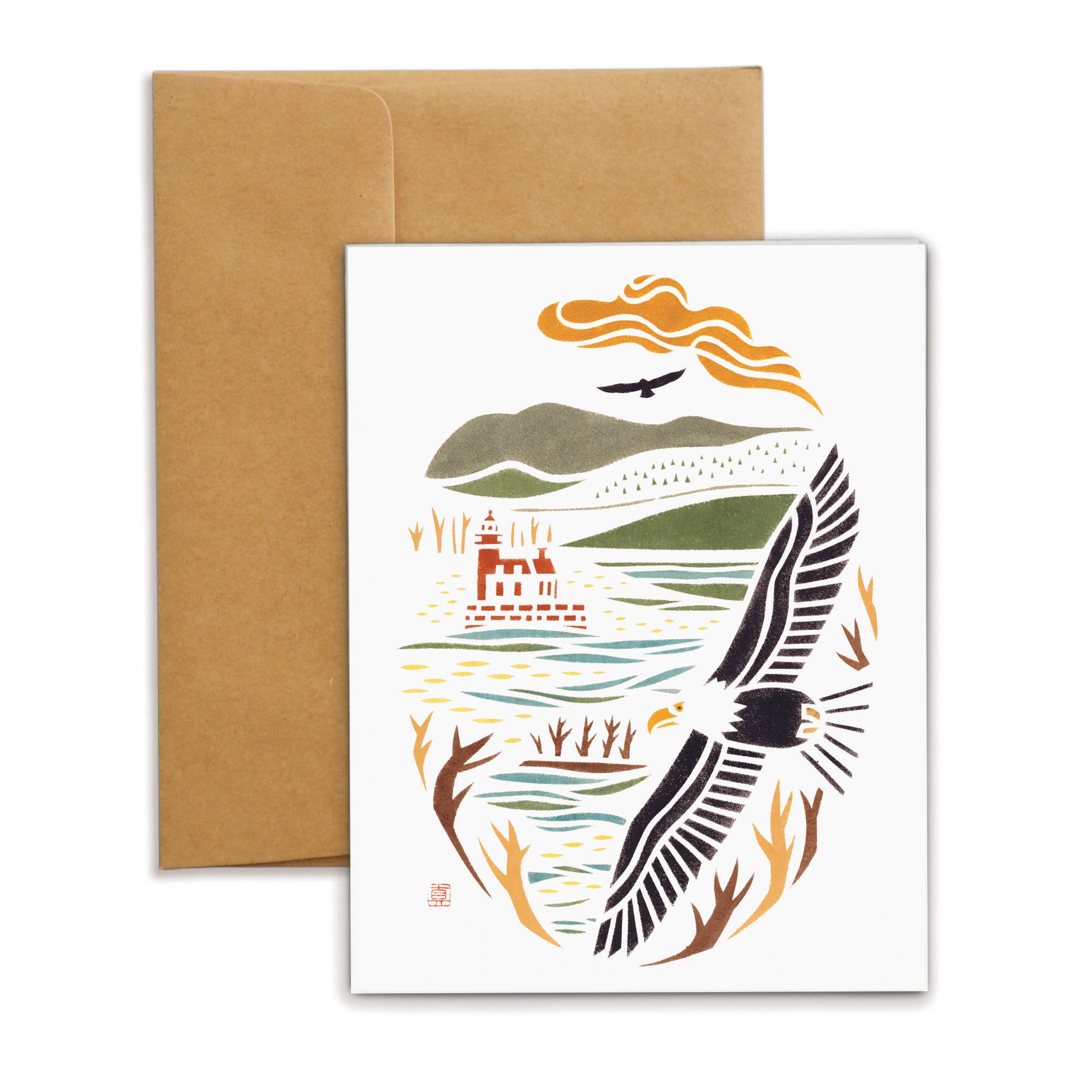 Mayuko Fujino Bird & Nature Art - Wholesale Everyday Greeting Card - A2 Card: Bald Eagle over Hudson Athens Lighthouse1