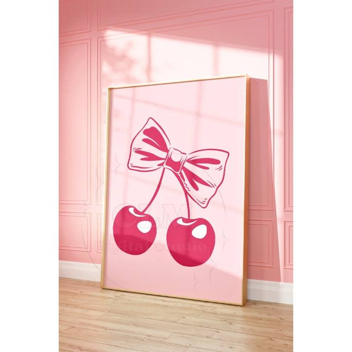 CLM Creative Studio - Wholesale Poster - Cherry With Pink Bow Sketch Coquette Wall Art Print
