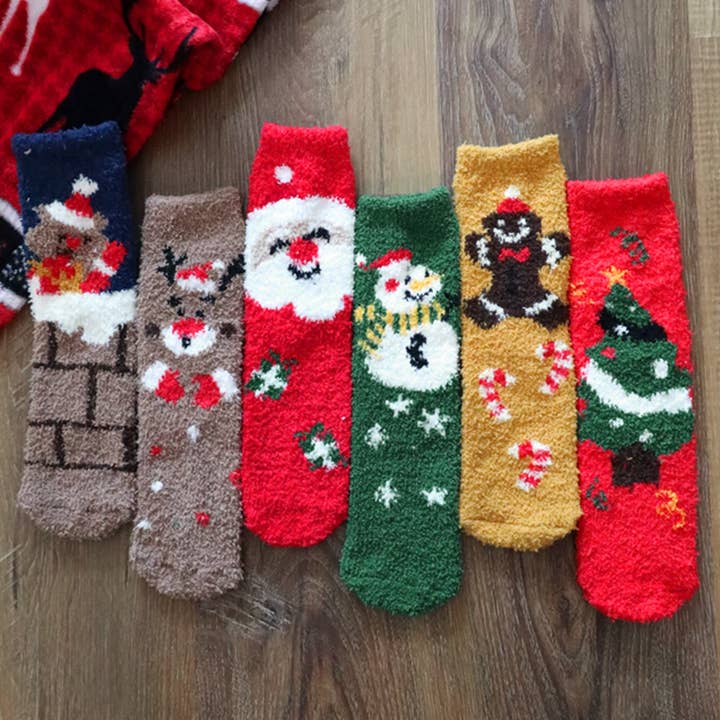 CHRISTMAS FUZZY SOCKS SET 12 PAIRS, SS 1004 for wholesale by JOIA ACCESSORIES