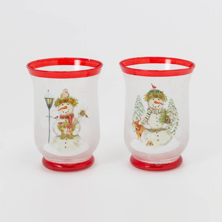 The Gerson Companies - Wholesale Candle Holder - Holiday 5.9"H Frosted Glass Holiday Snowman Design Hurricane