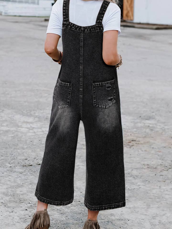 Black Denim Distressed Bib Pocket Overall for wholesale on Faire