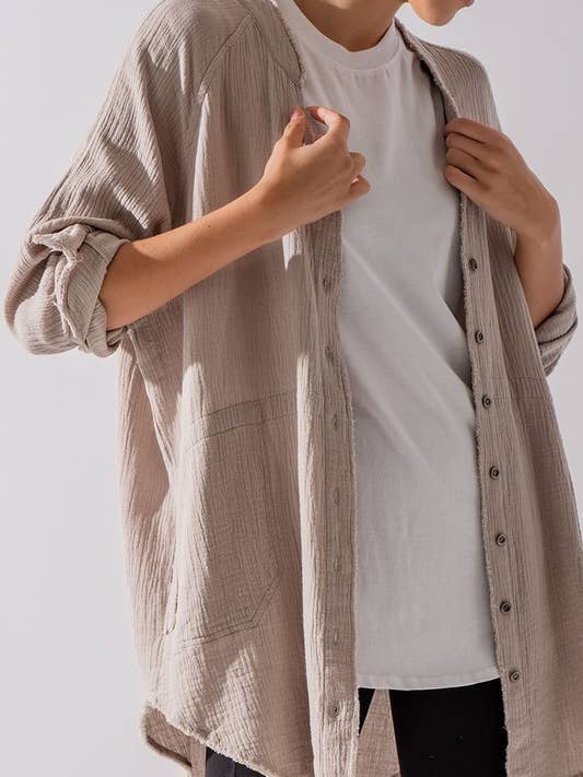Urban Daizy - Wholesale Button Down Shirt - Women's - PREMIUM SOFT FRAYED HEM GAUZE VINTAGE WASHED SHIRT