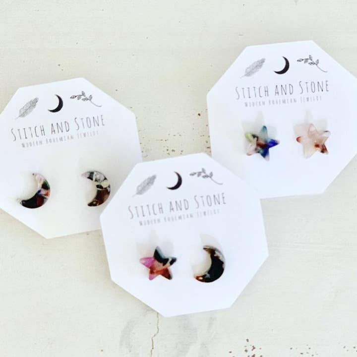 Brincos de acetato sol e lua por atacado de Stitch and Stone