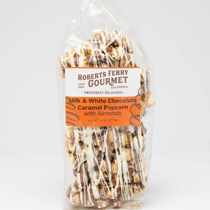 Maïs soufflé au caramel aux amandes et au chocolat blanc et au lait pour la vente par Roberts Ferry Gourmet