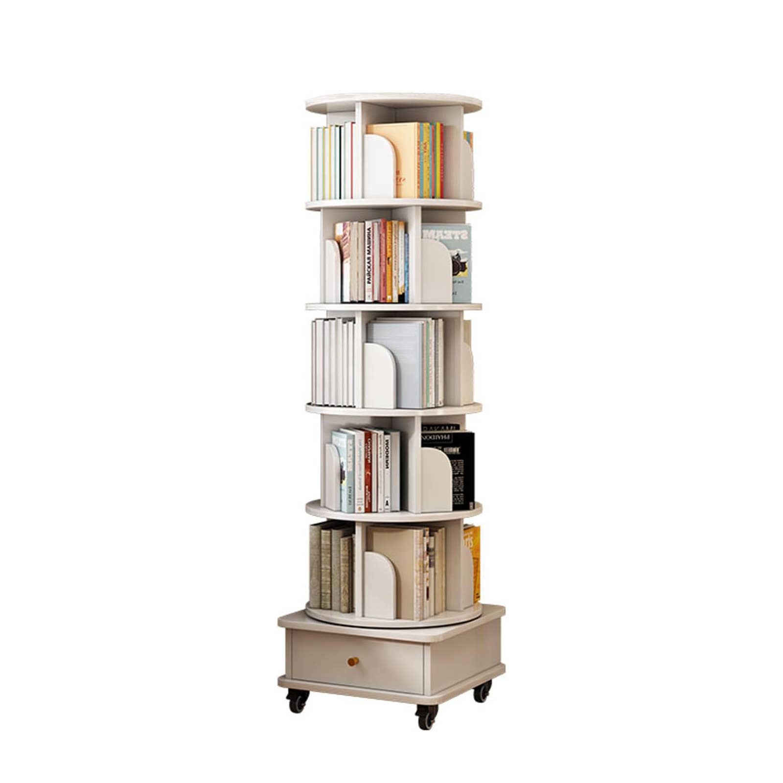 39F Inc. - Wholesale Bookcase - 5/6-Tier 360° Rotating Bookshelf with Drawer, White/Wood26