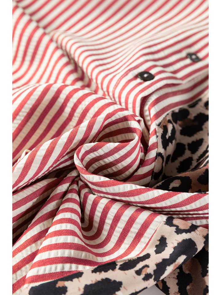 66DISCO - Vente Chemise à col boutonné – femme - Chemise à boutons léopard et rayures contrastées chic printemps 202613