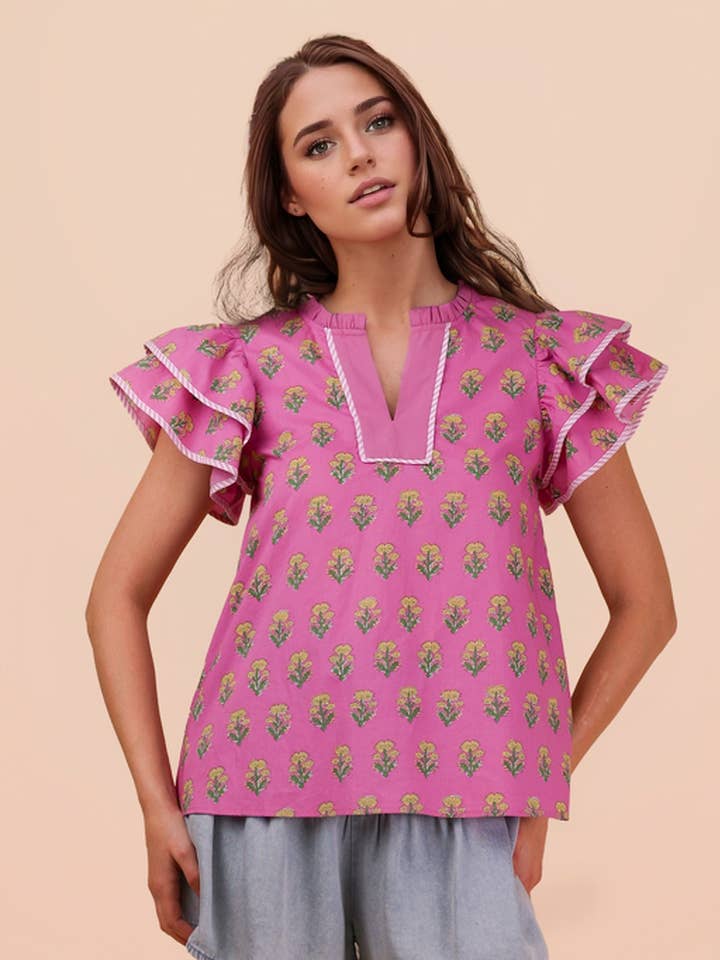 NT12444-Blusa de Tejido Estampado con Mangas con Volantes para venta al por mayor de VERY J
