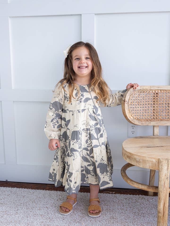 Abito a maniche lunghe a strati con stampa a foglie grigie: Neonato: Neonato: Bambino: Bambino piccolo: Tween: Bambini per la vendita all'ingrosso da parte di Yo Baby