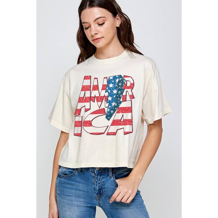 COLORBEAR – wholesale T-shirts med screentryck – Dam – AMERIKA, AMERIKANSKA FLAGGAN ÅSKA BLIXTNEDSLAG AVSLAPPNAD GRÖDA TOPP