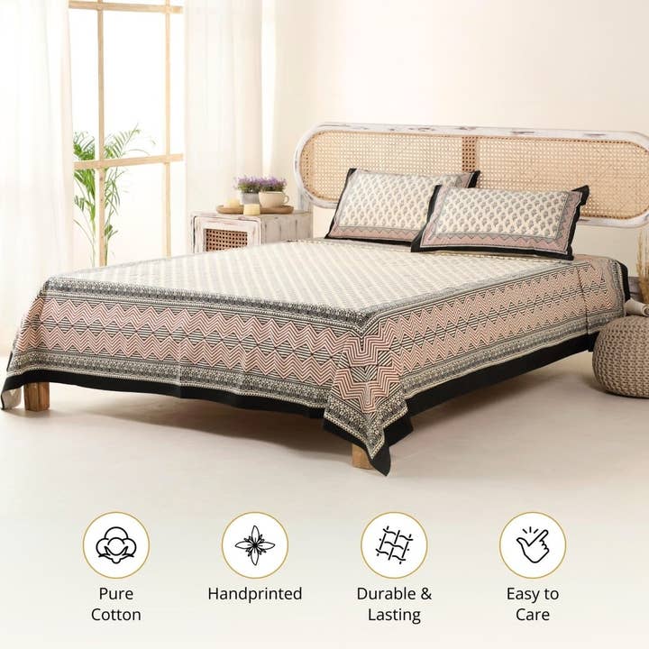 Beige Black Maroon Pure Cotton Double Bedsheet With Pillow Covers |King Size for wholesale on Faire