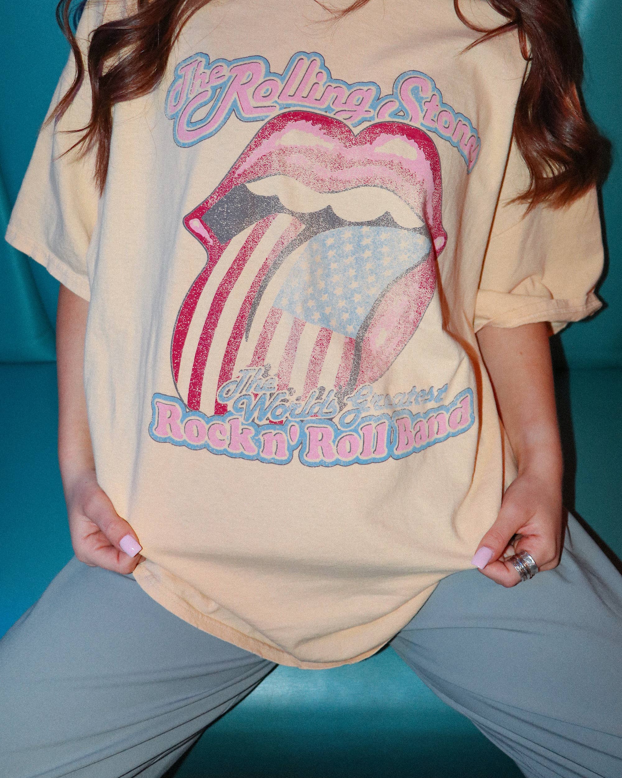 LivyLu - Wholesale Screen Printed T-Shirt - Unisex - Rollings Stones World's Greatest Band Yellow Thrifted Tee4